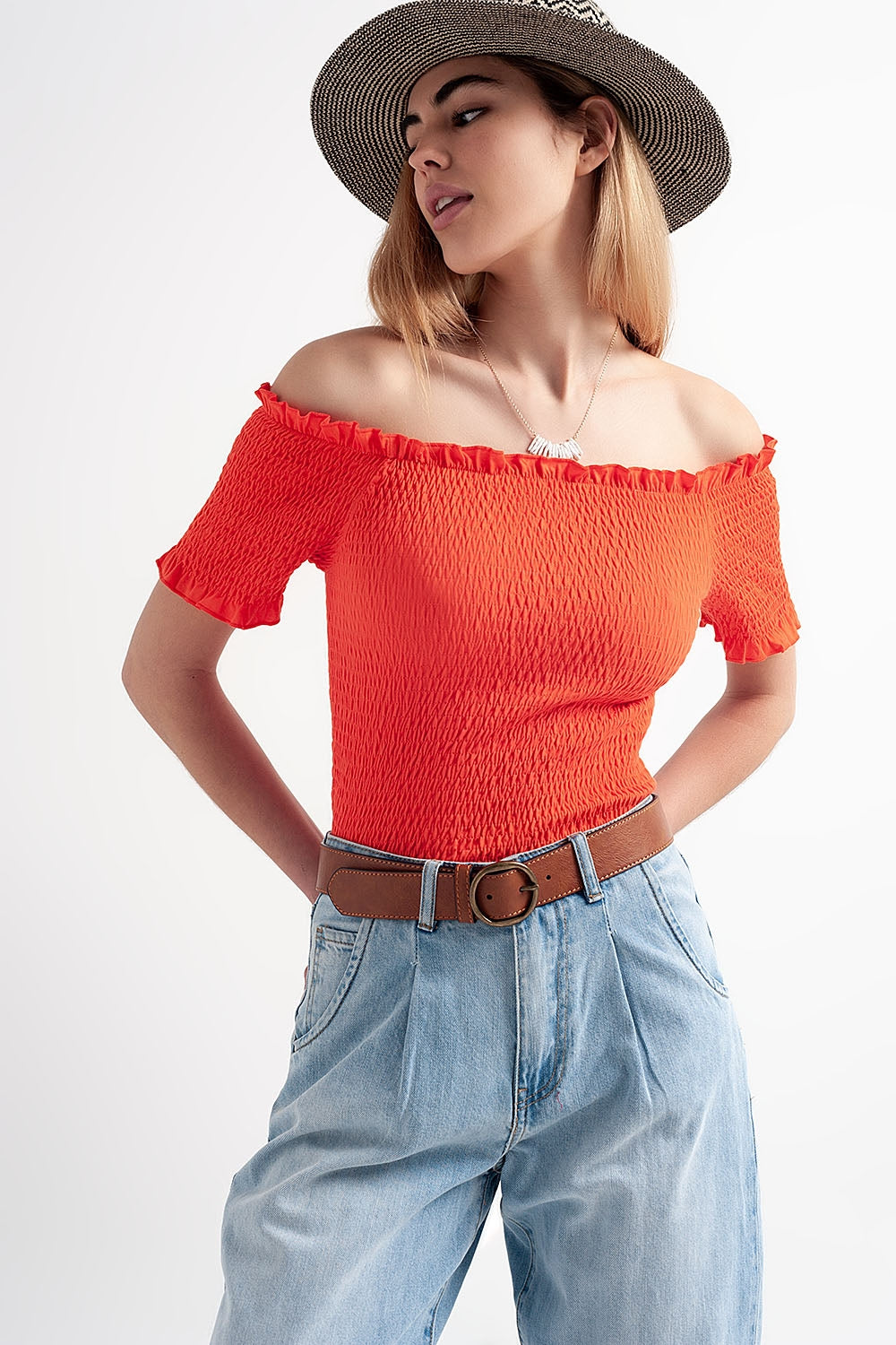 Cooord ruched bardot crop top in orange - top