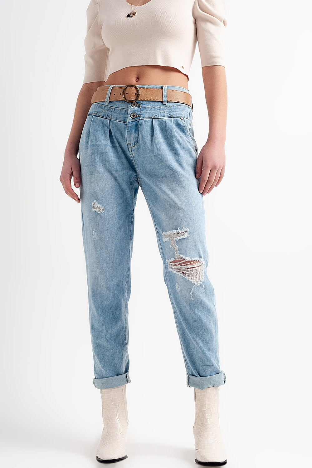 Jean with double waistband in blue with rips - Denim