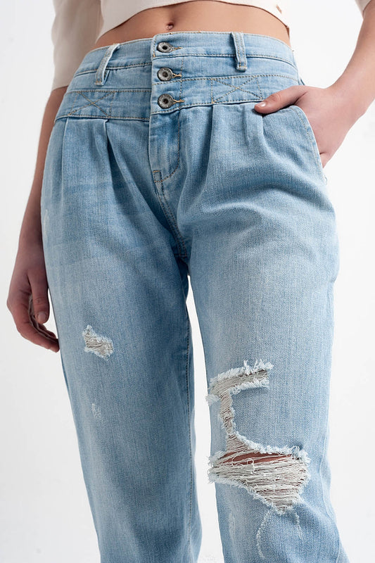Jean with double waistband in blue with rips - Denim
