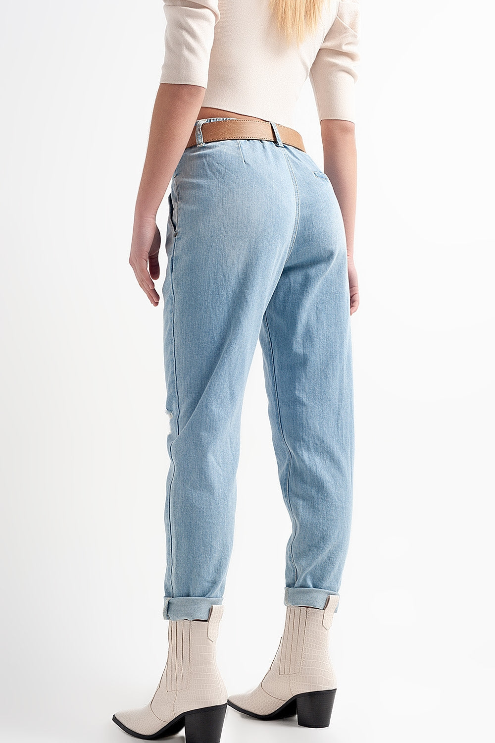 Jean with double waistband in blue with rips - Denim
