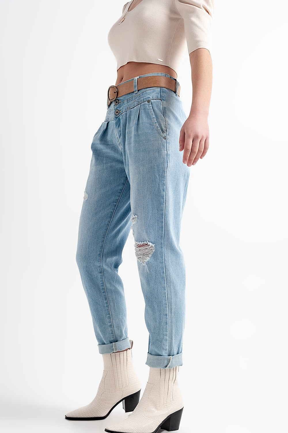 Jean with double waistband in blue with rips - Denim