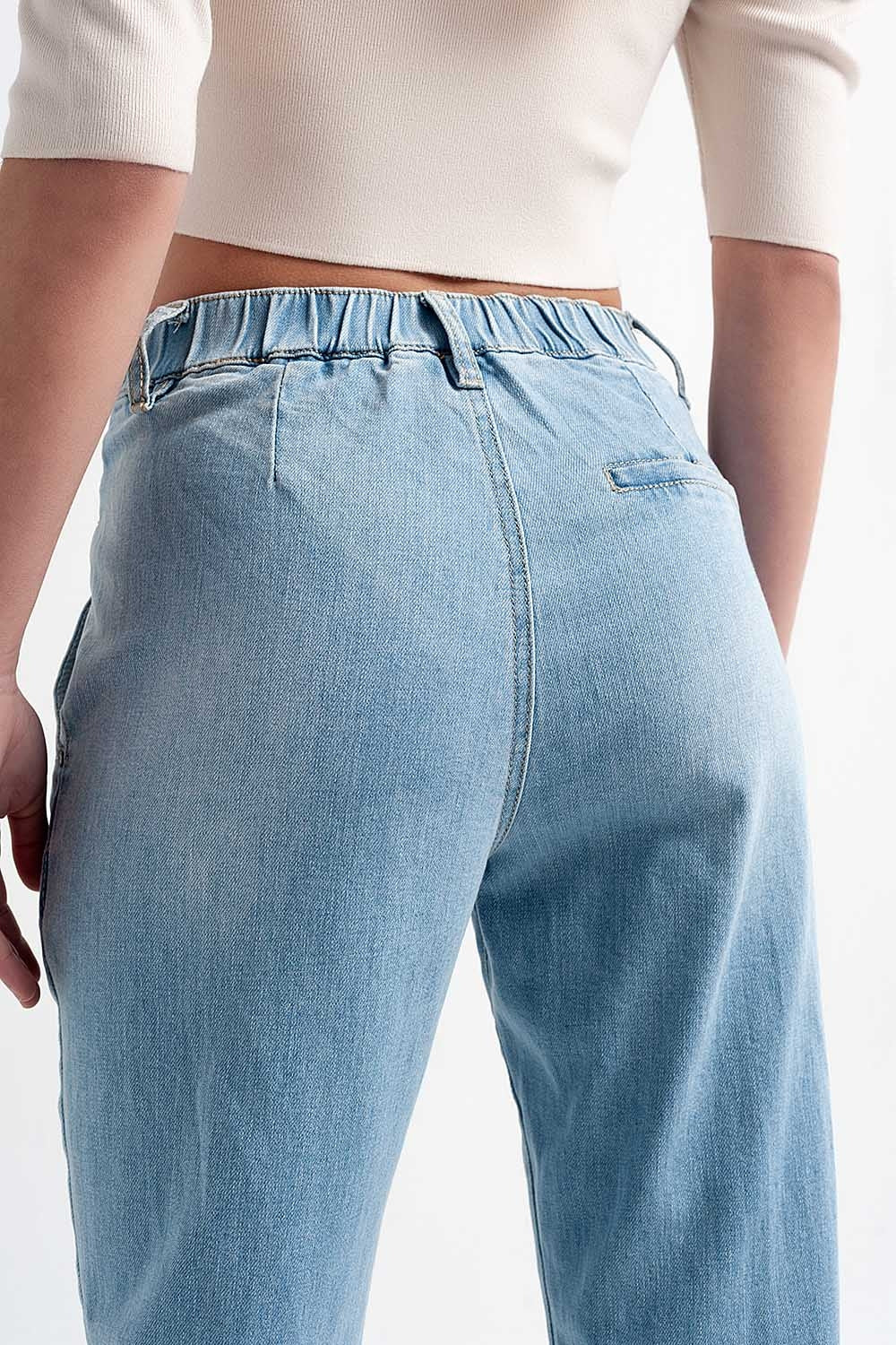 Jean with double waistband in blue with rips - Denim
