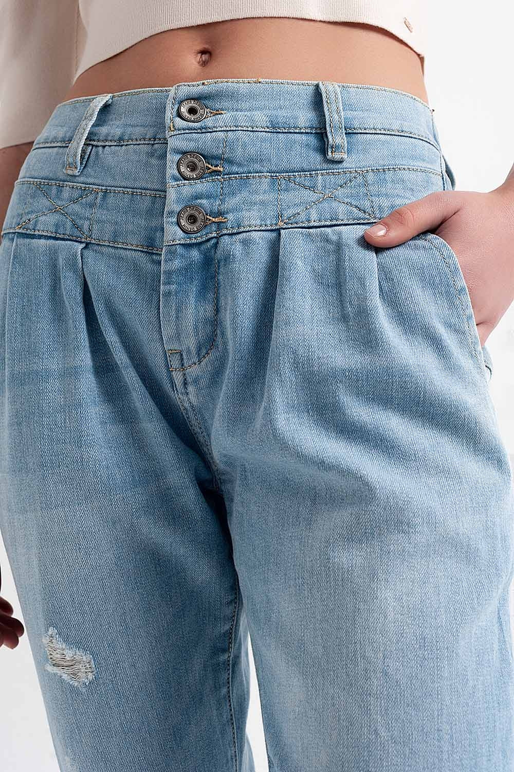 Jean with double waistband in blue with rips - Denim