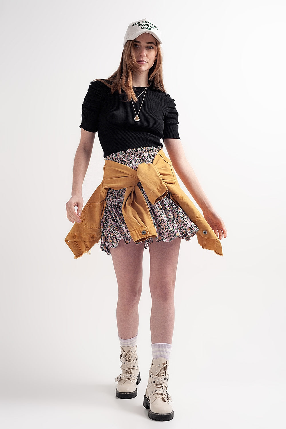 Shirred skater skirt co-ord in black ditsy floral