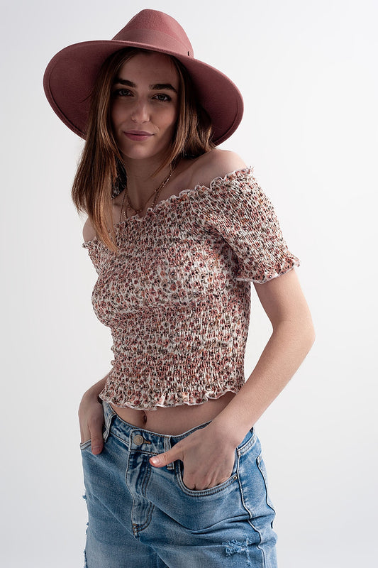 Ruched top in pink ditsy floral - top