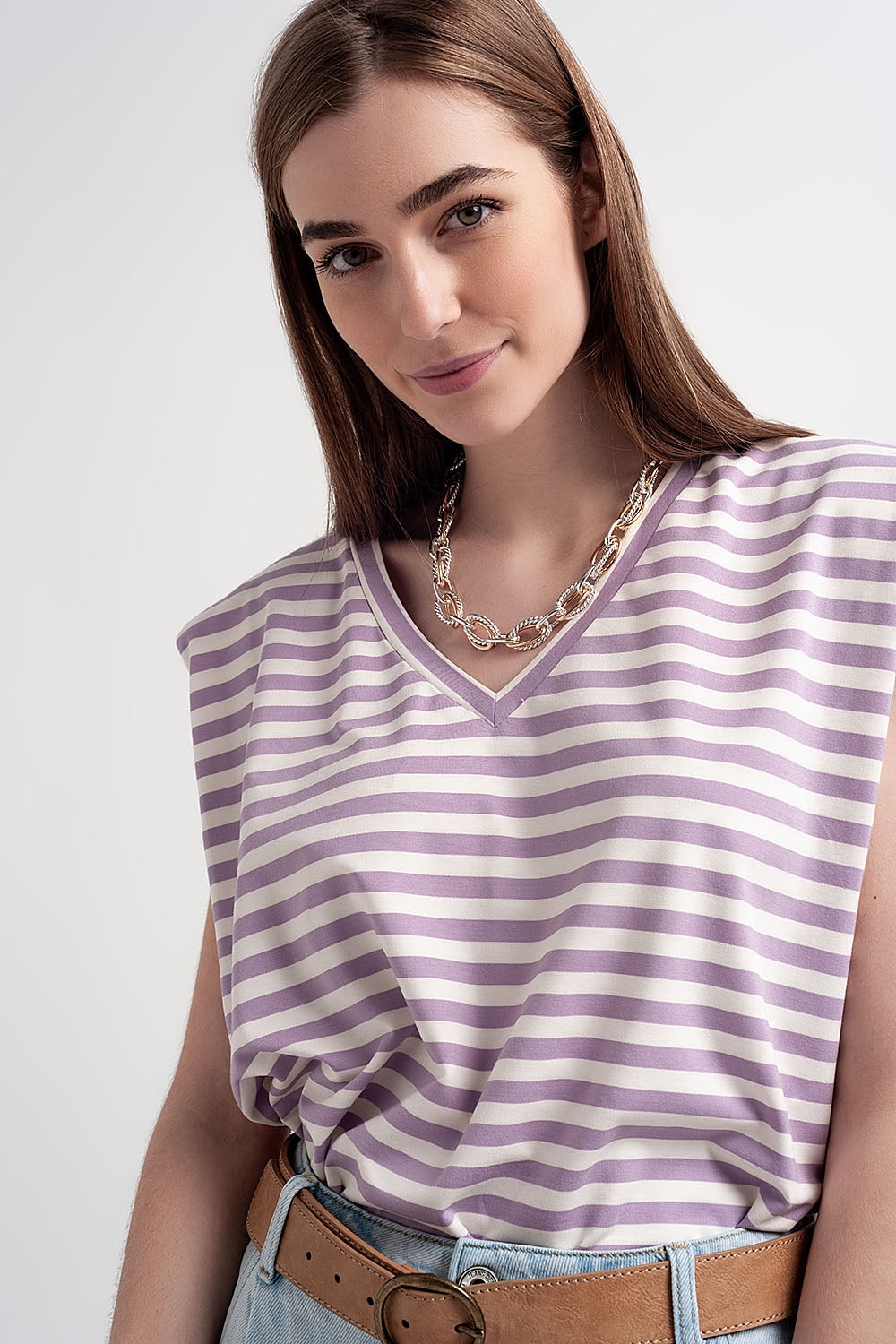 sleeveless t-shirt with shoulder pad in purple stripe - top