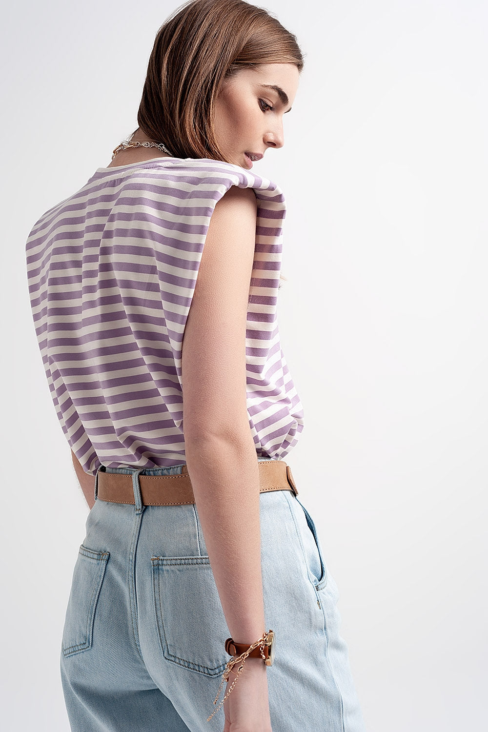 sleeveless t-shirt with shoulder pad in purple stripe - top