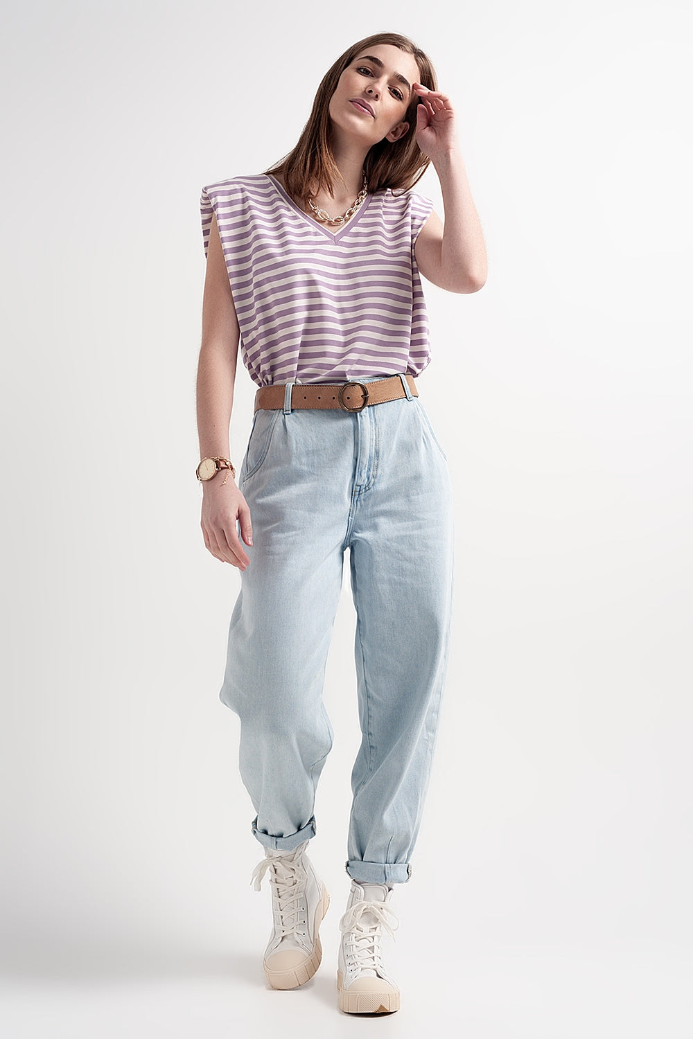 sleeveless t-shirt with shoulder pad in purple stripe - top