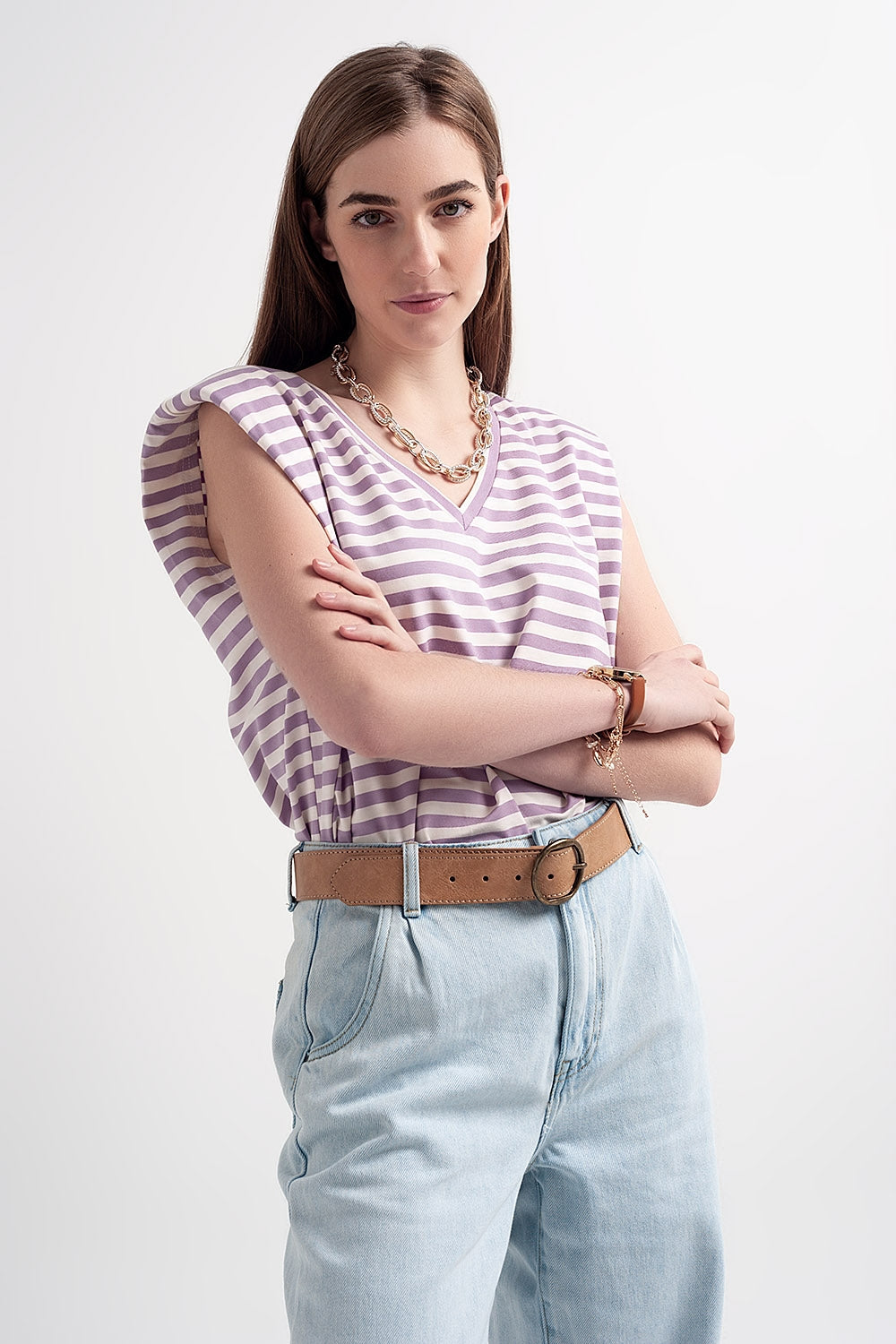 sleeveless t-shirt with shoulder pad in purple stripe - top
