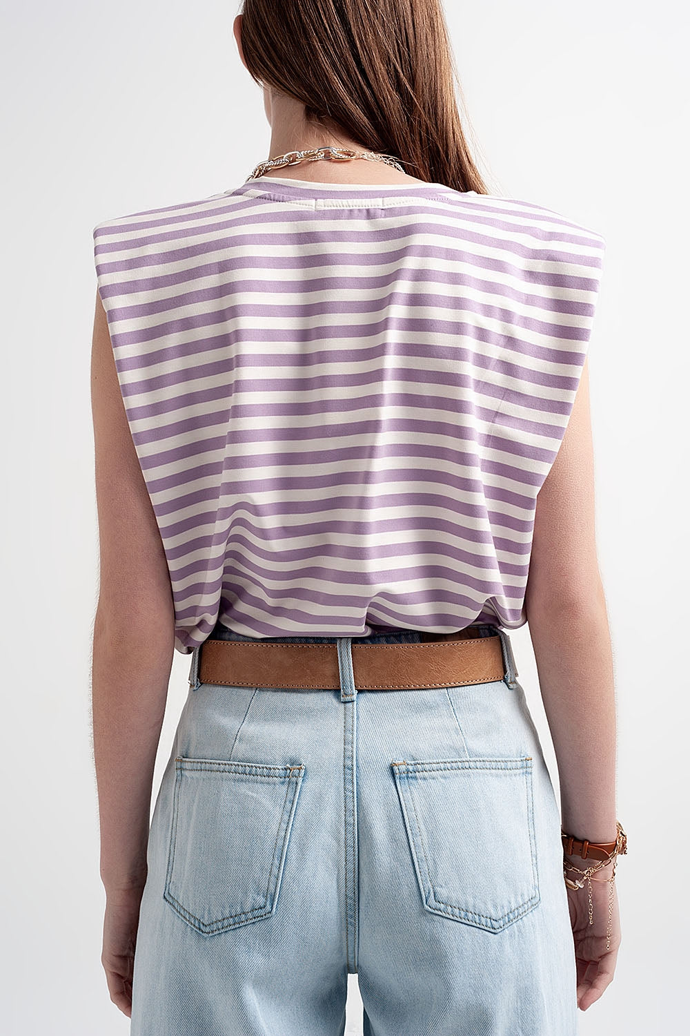 sleeveless t-shirt with shoulder pad in purple stripe - top