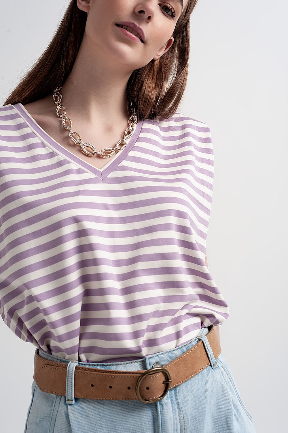 sleeveless t-shirt with shoulder pad in purple stripe - top