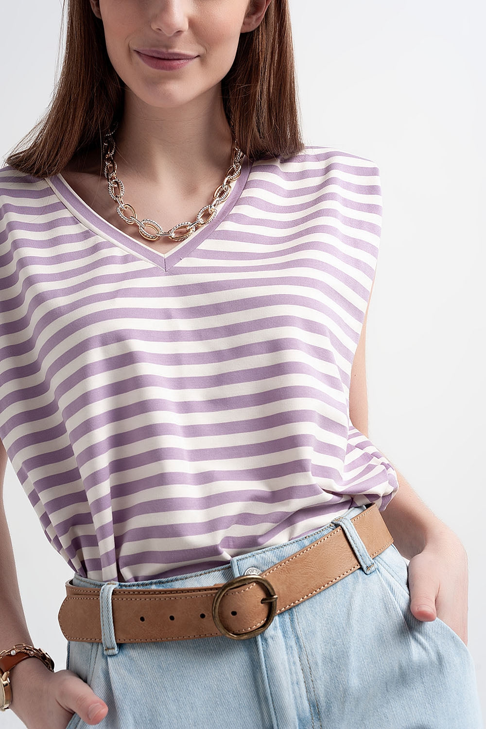 sleeveless t-shirt with shoulder pad in purple stripe - top