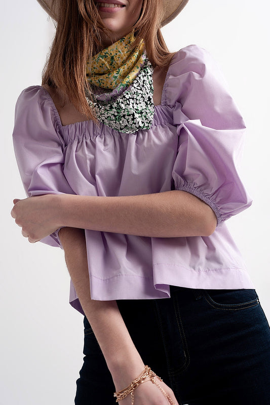Poplin balloon sleeve top in purple - top