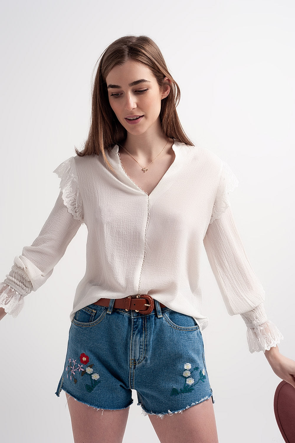 Volume sleeve blouse with cuff sleeve in oyster - Shirts