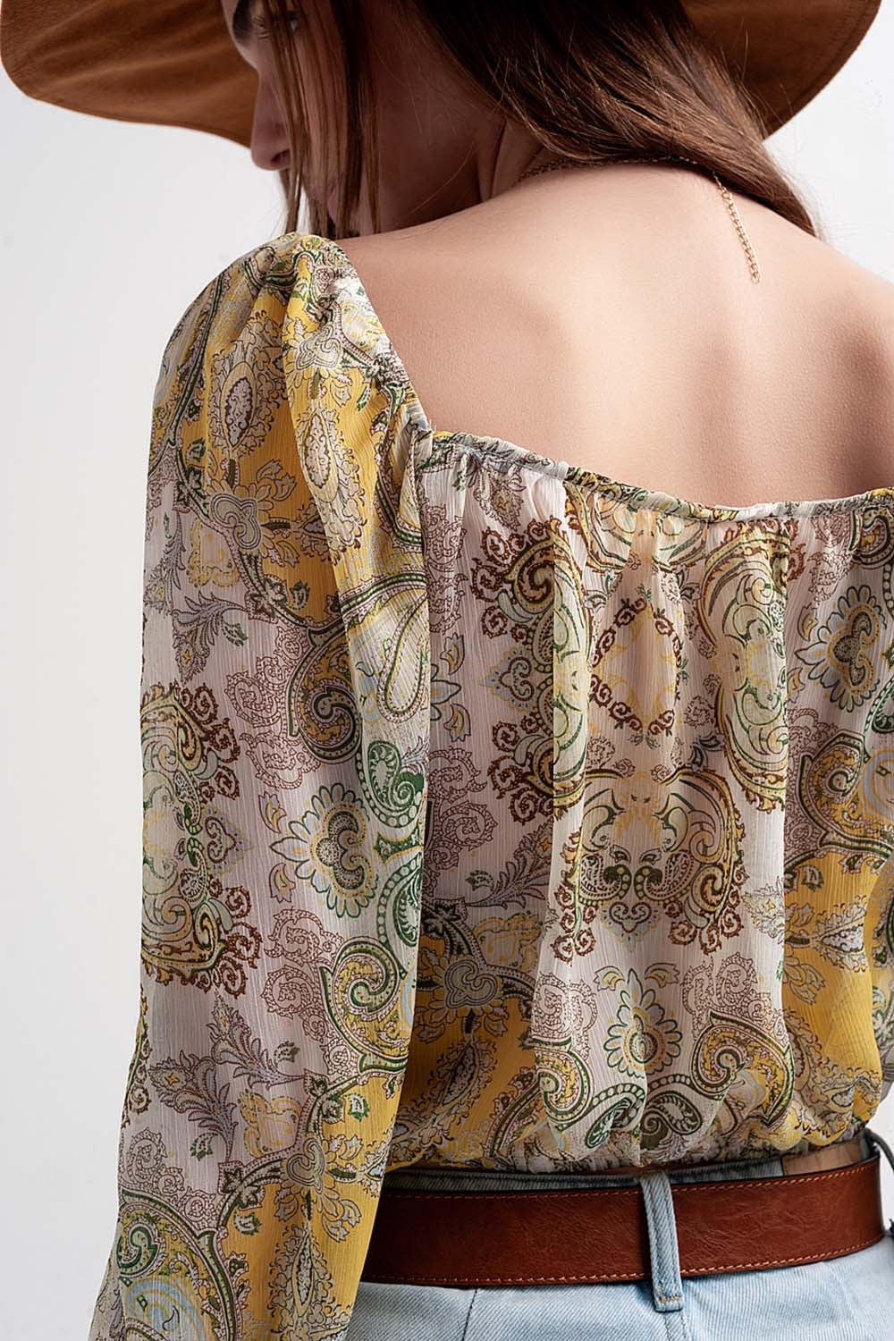 Long sleeve sheer top with shirred waist and tie detail in cachemir - Shirts, top