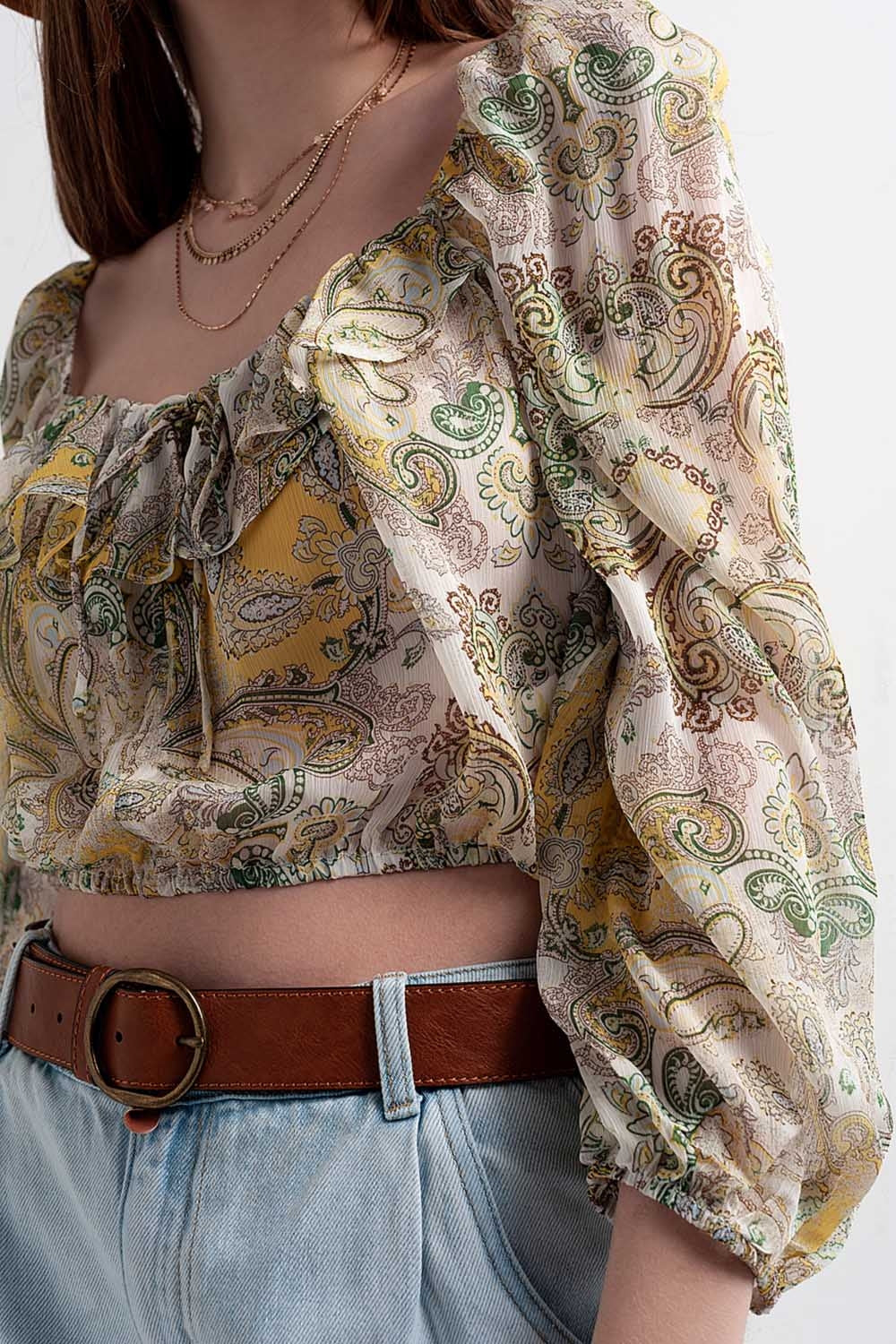 Long sleeve sheer top with shirred waist and tie detail in cachemir - Shirts, top