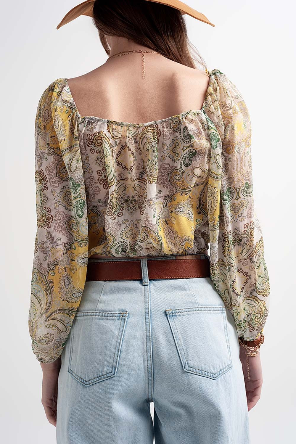 Long sleeve sheer top with shirred waist and tie detail in cachemir - Shirts, top