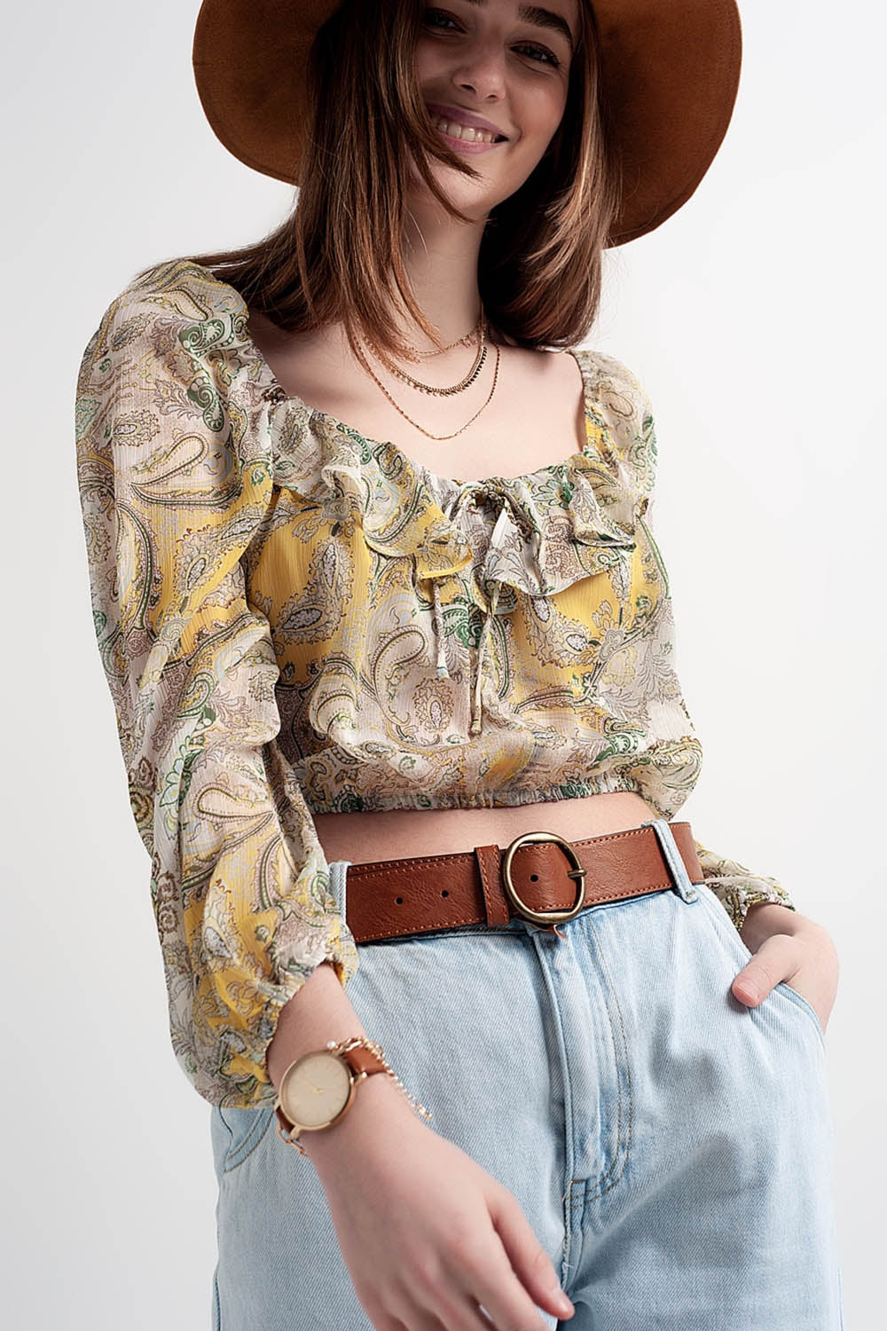 Long sleeve sheer top with shirred waist and tie detail in cachemir - Shirts, top