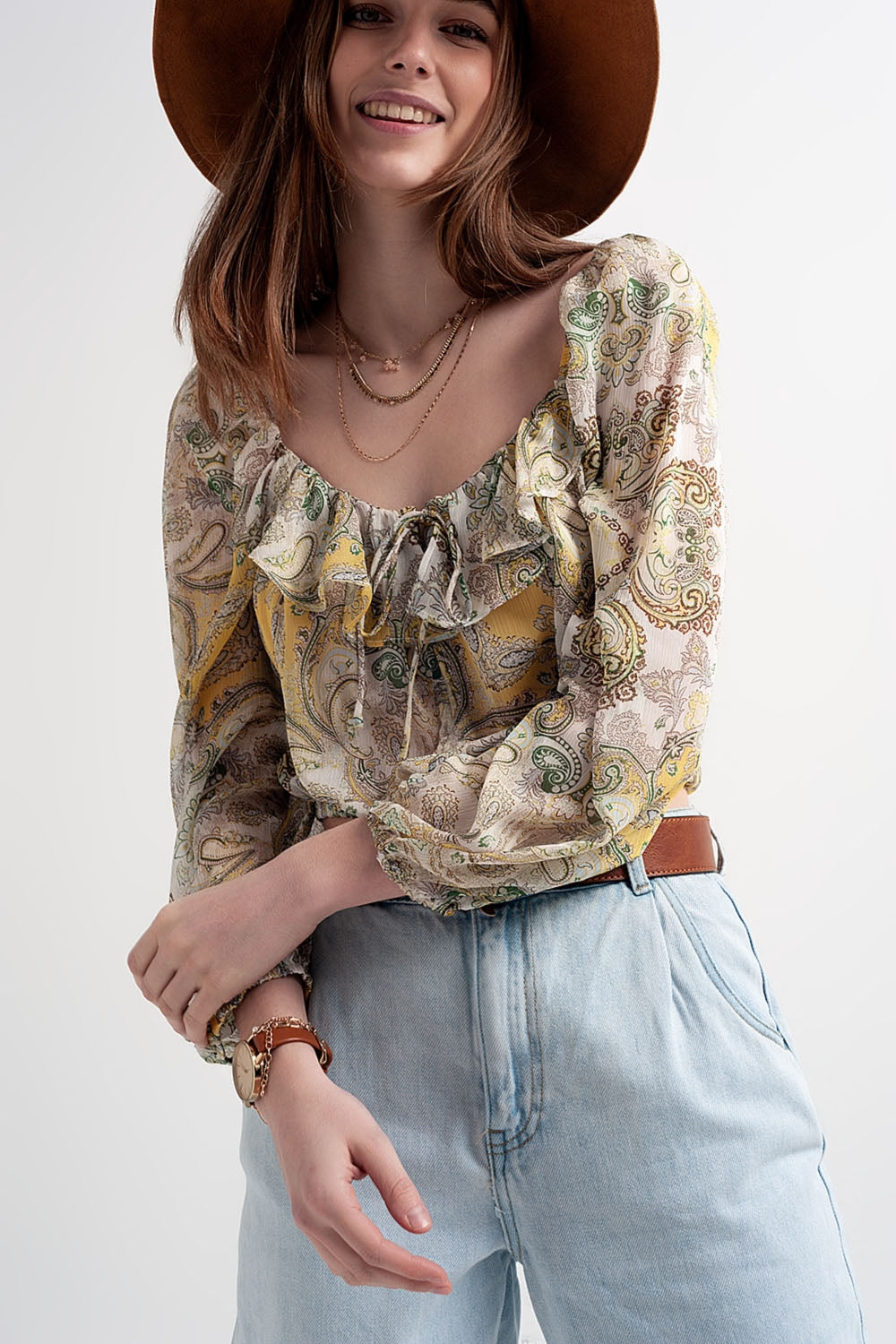 Long sleeve sheer top with shirred waist and tie detail in cachemir - Shirts, top