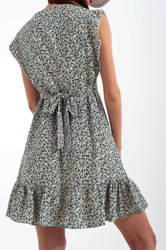 Mini dress with ruffle sleeve in ditsy floral in green - dress