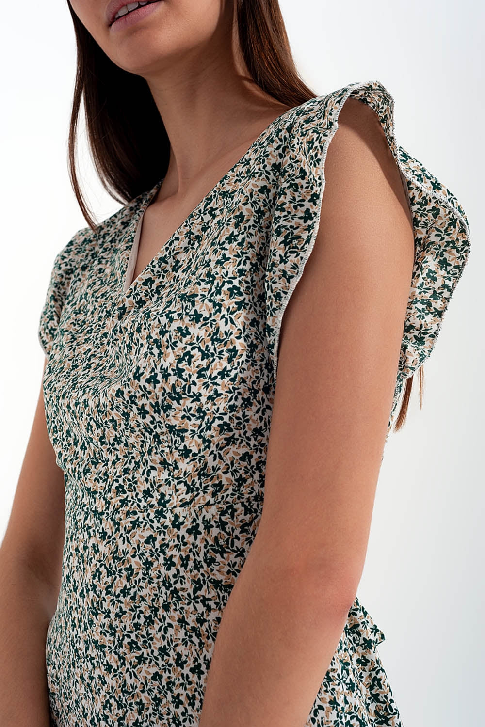 Mini dress with ruffle sleeve in ditsy floral in green - dress
