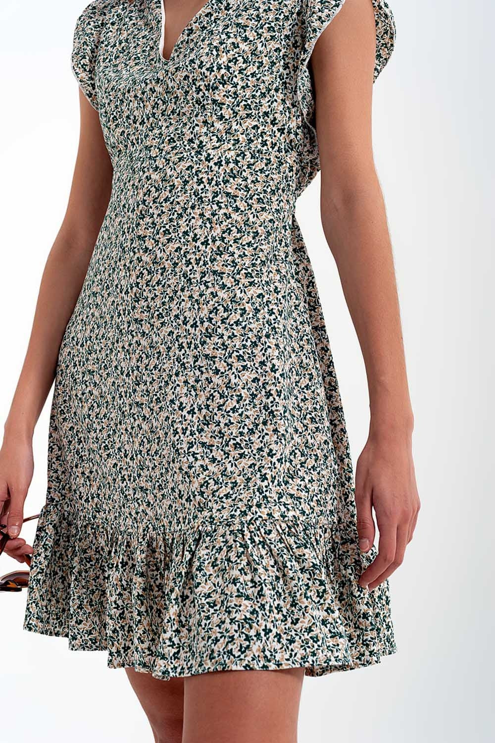 Mini dress with ruffle sleeve in ditsy floral in green - dress