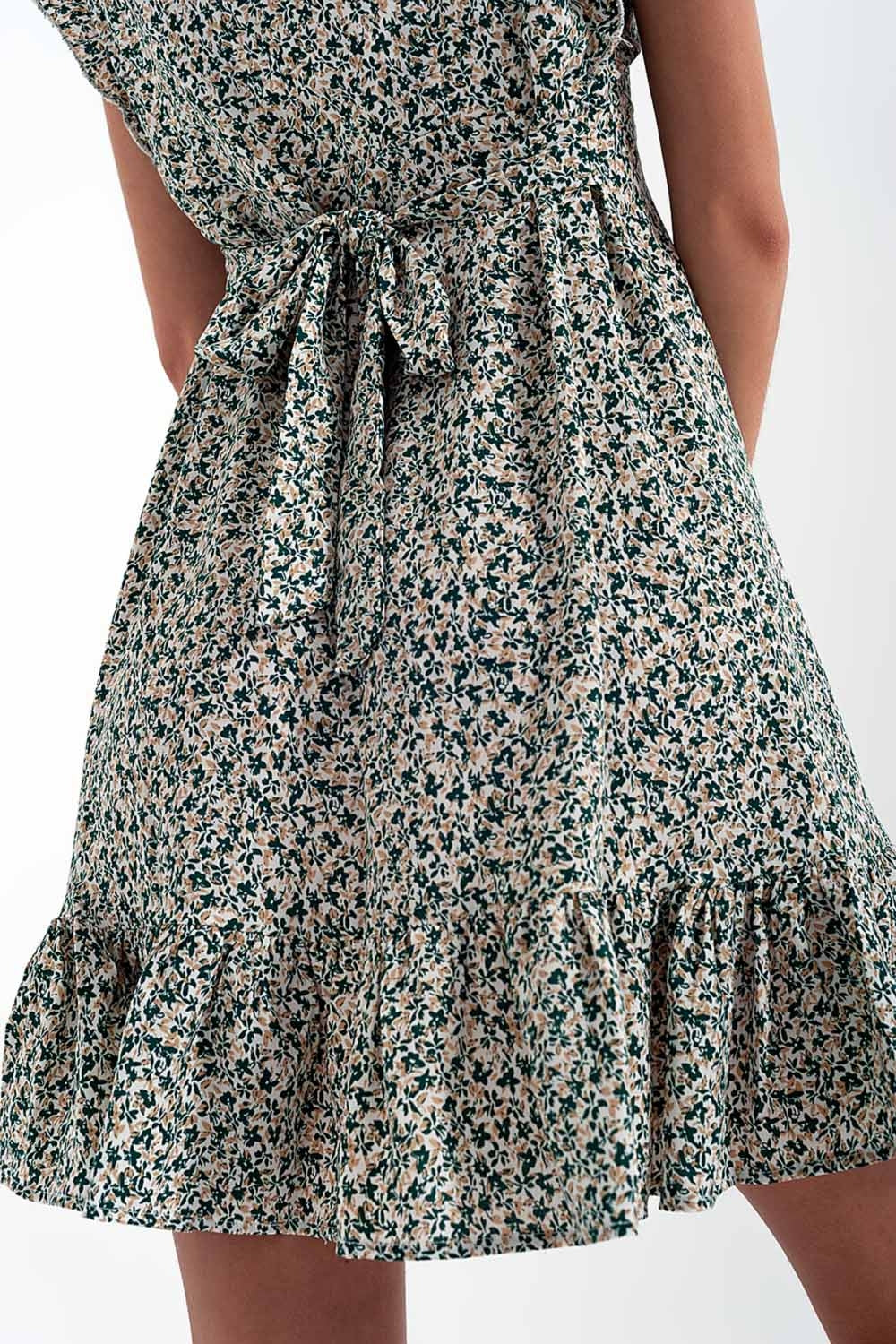Mini dress with ruffle sleeve in ditsy floral in green - dress