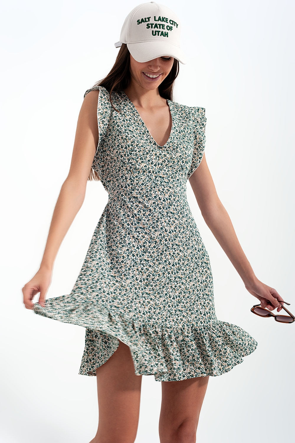 Mini dress with ruffle sleeve in ditsy floral in green - dress