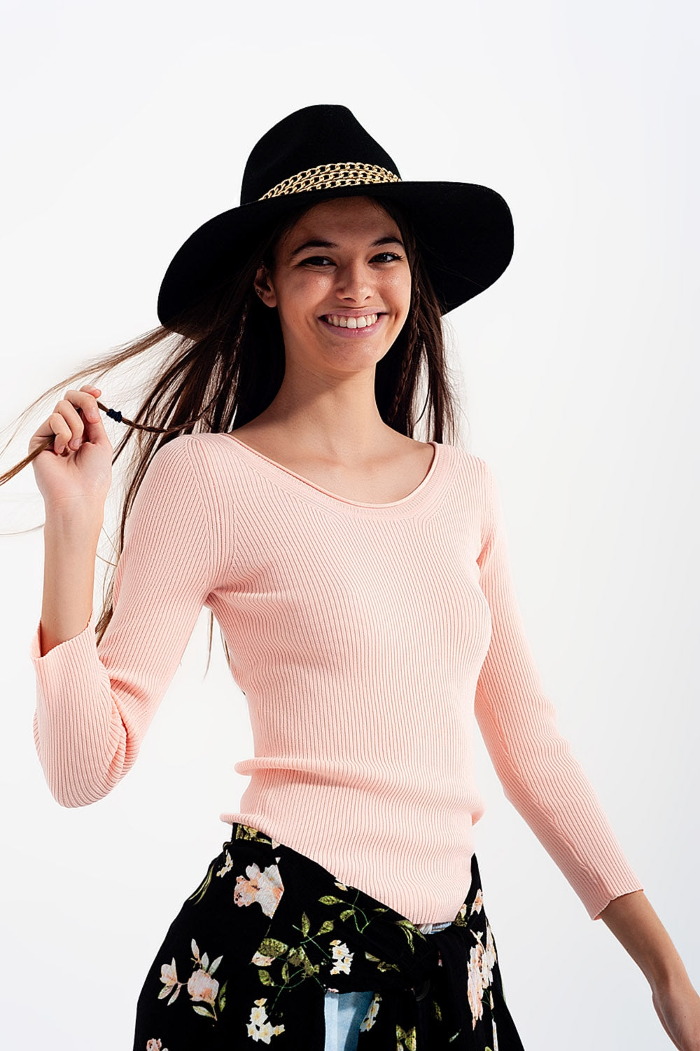 Pink knitted wide neck sweater - jumper