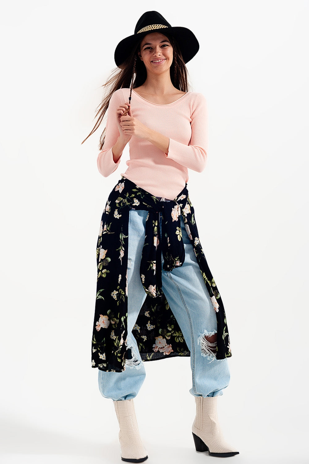 Pink knitted wide neck sweater - jumper