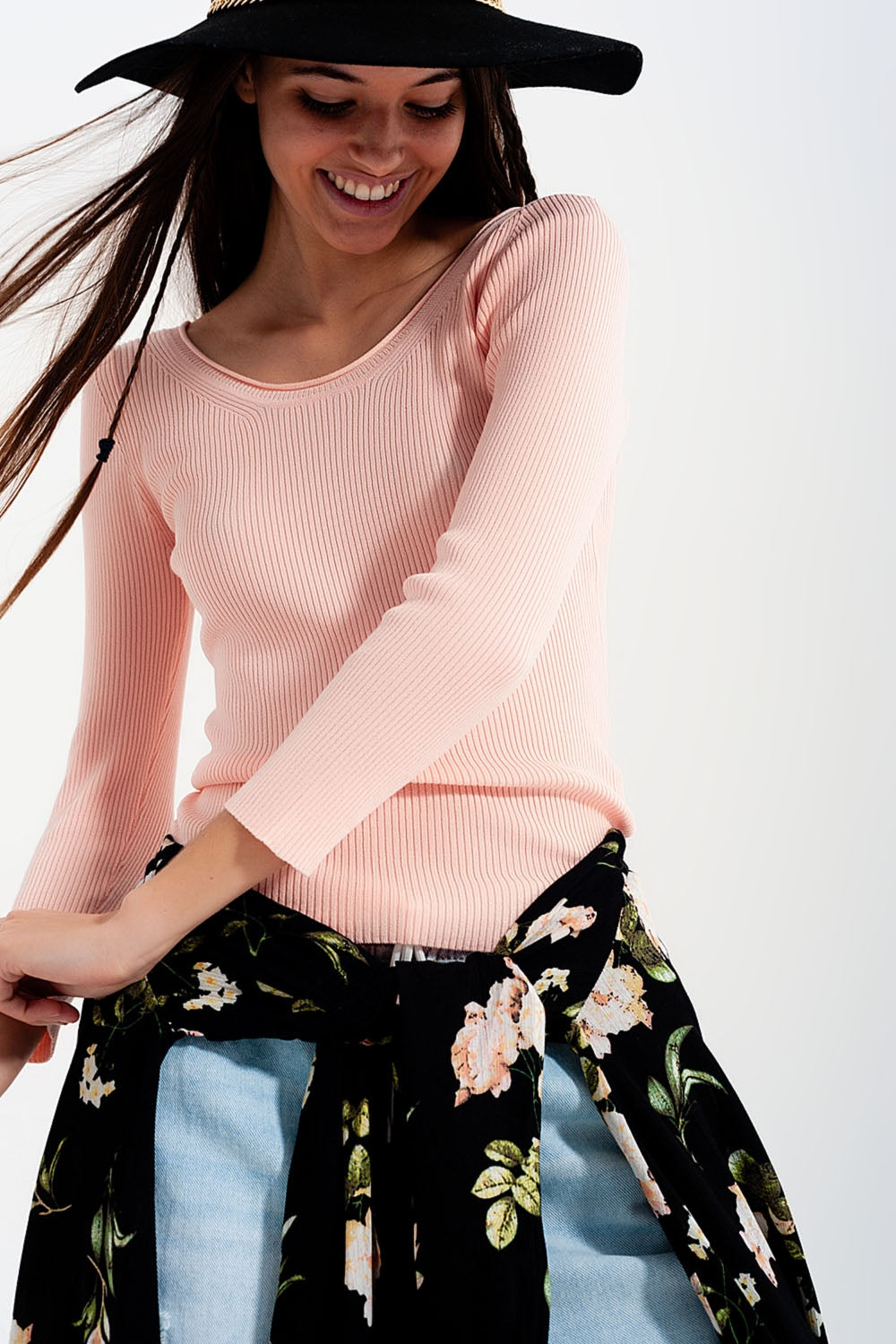 Pink knitted wide neck sweater - jumper