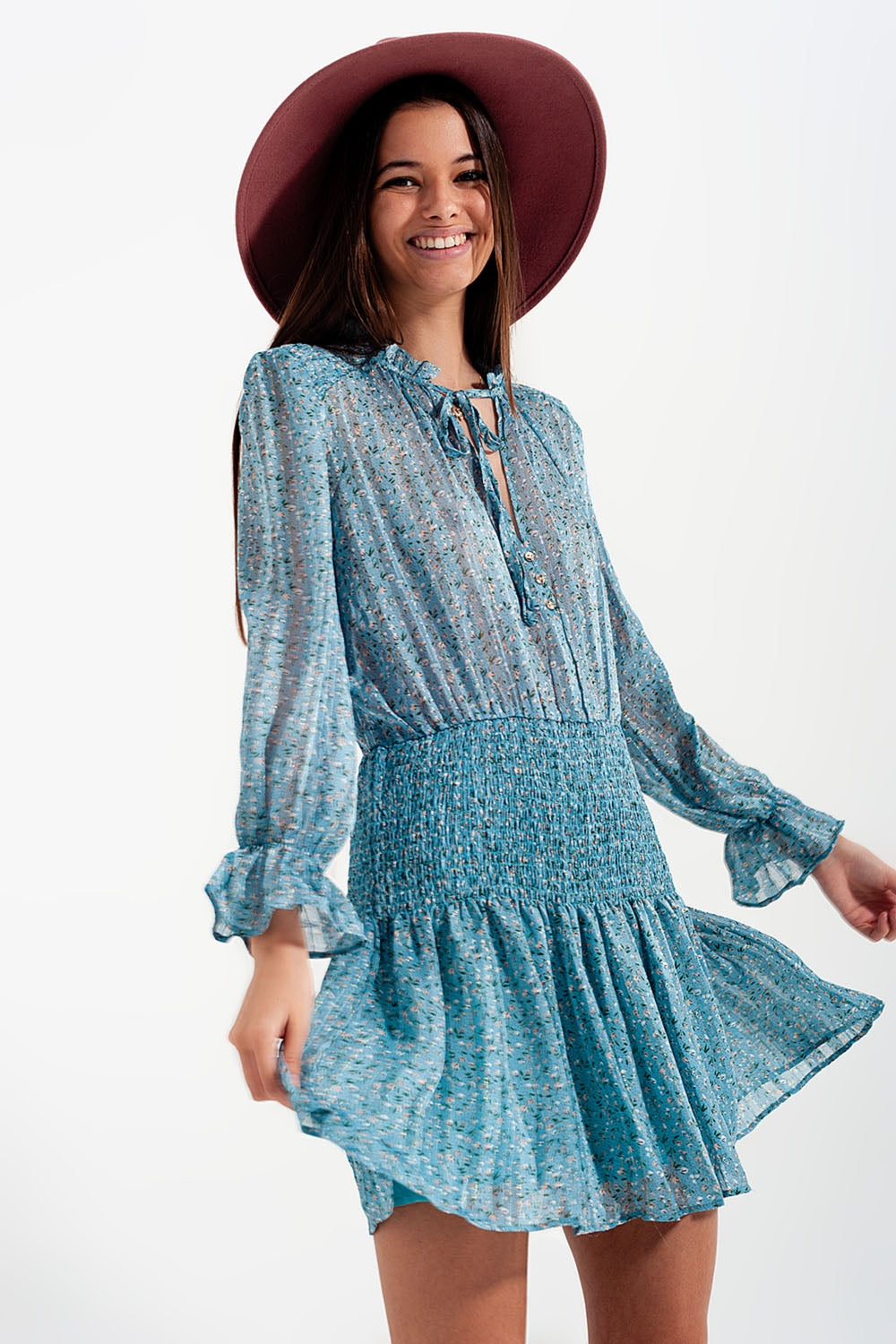 Shirred skirt mini dress with keyhole detail in turquoise - dress
