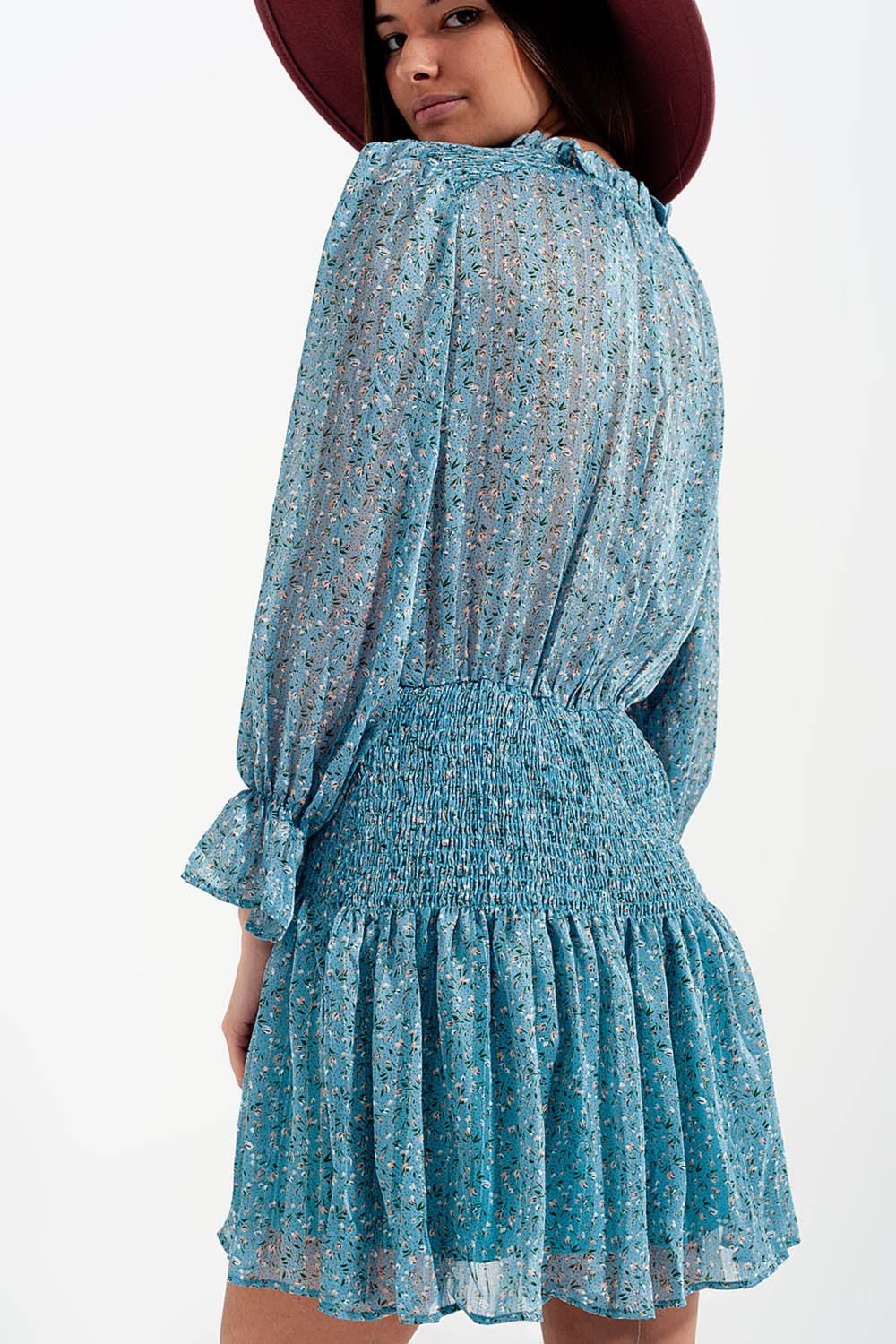 Shirred skirt mini dress with keyhole detail in turquoise - dress