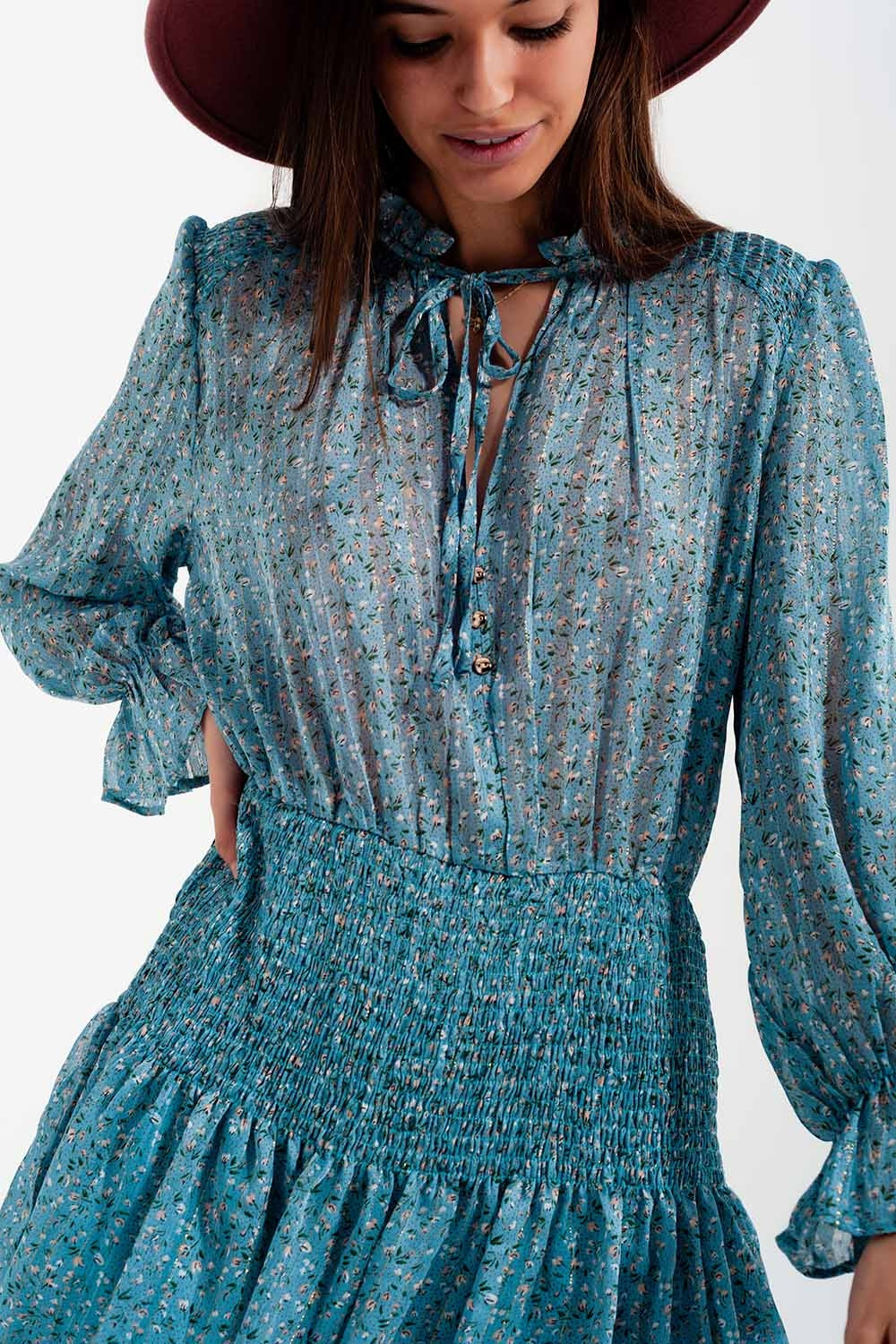 Shirred skirt mini dress with keyhole detail in turquoise - dress