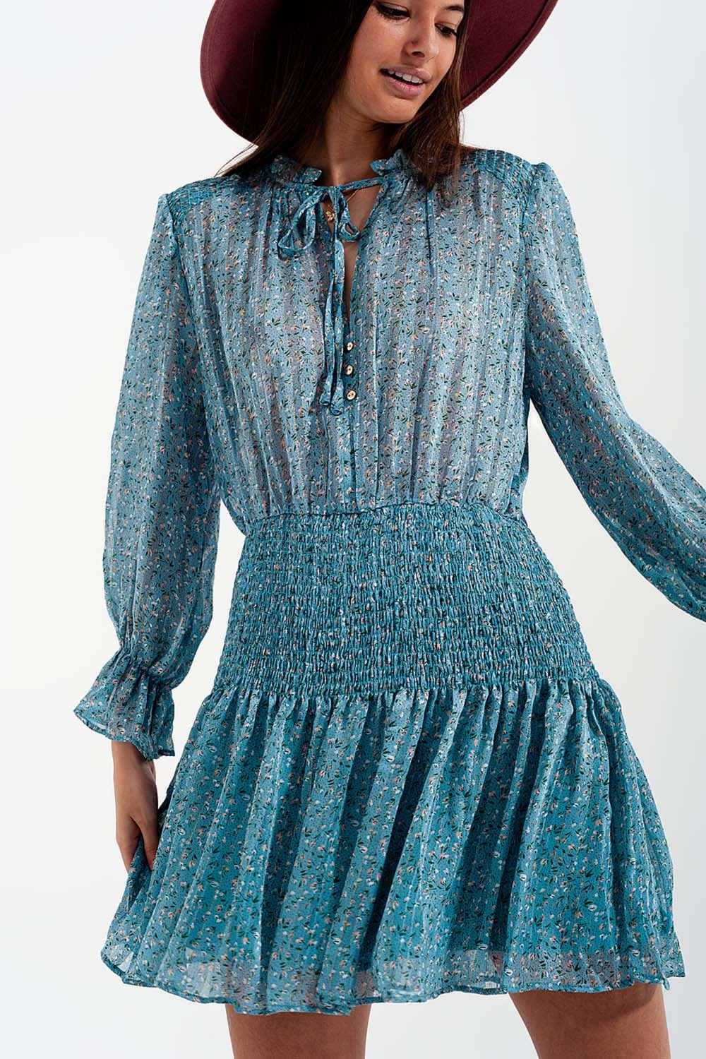 Shirred skirt mini dress with keyhole detail in turquoise - dress