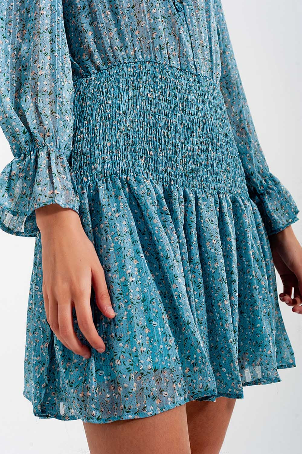 Shirred skirt mini dress with keyhole detail in turquoise - dress