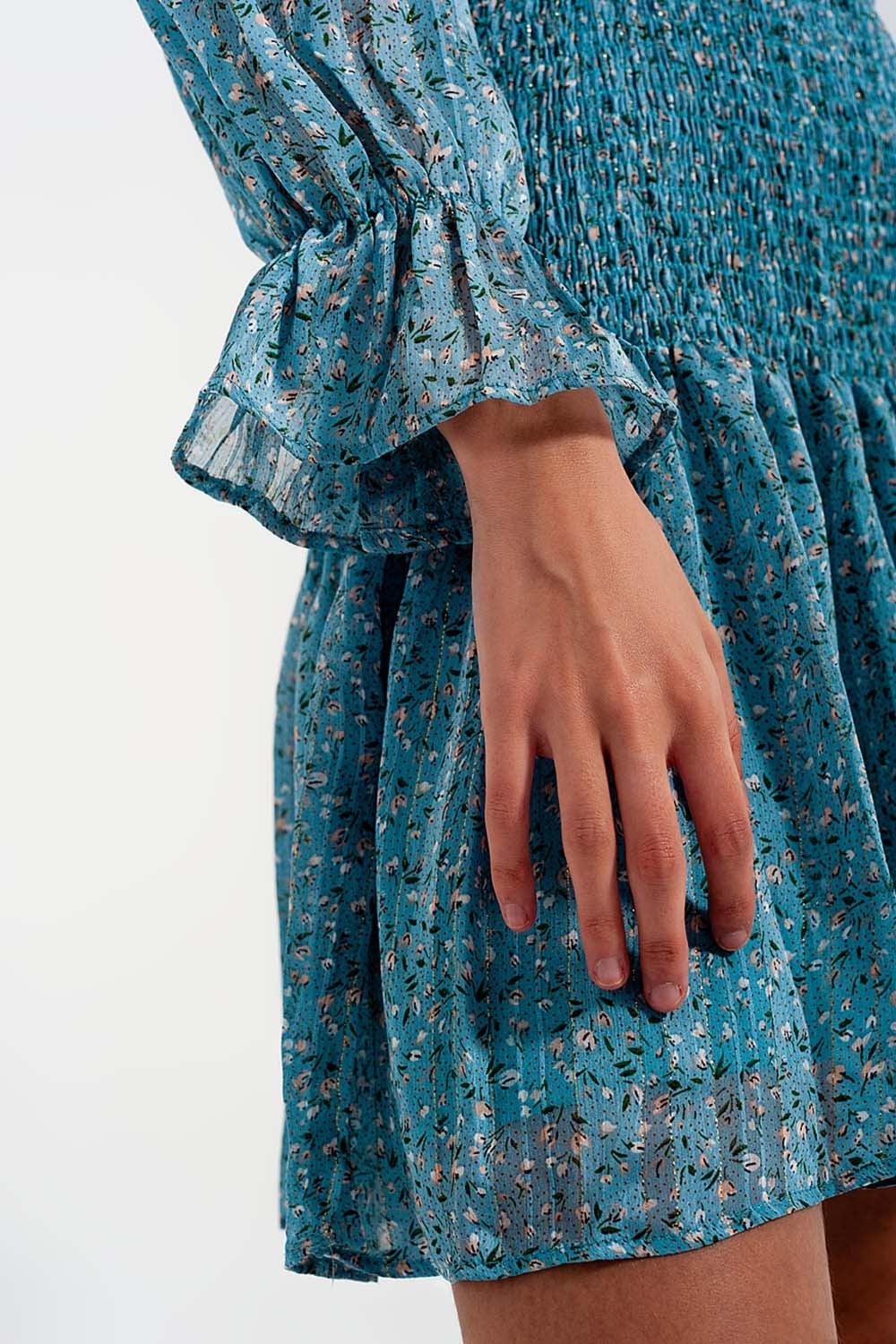 Shirred skirt mini dress with keyhole detail in turquoise - dress