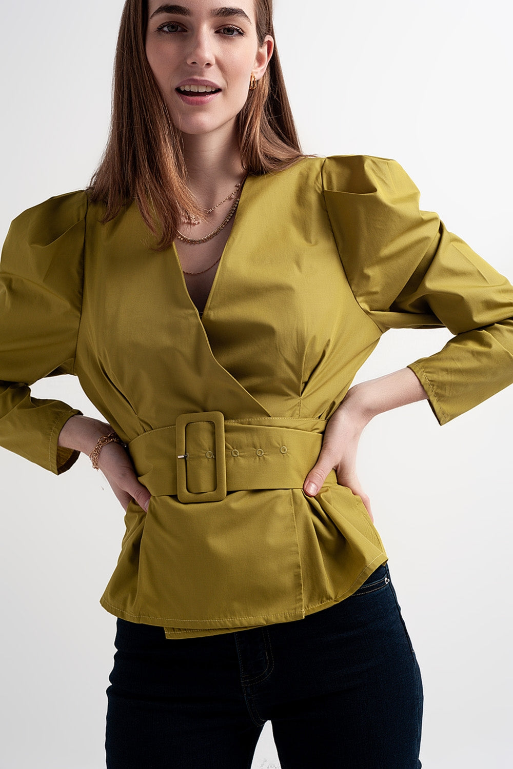 Puff sleeve wrap front top with belt detail in green - Shirts