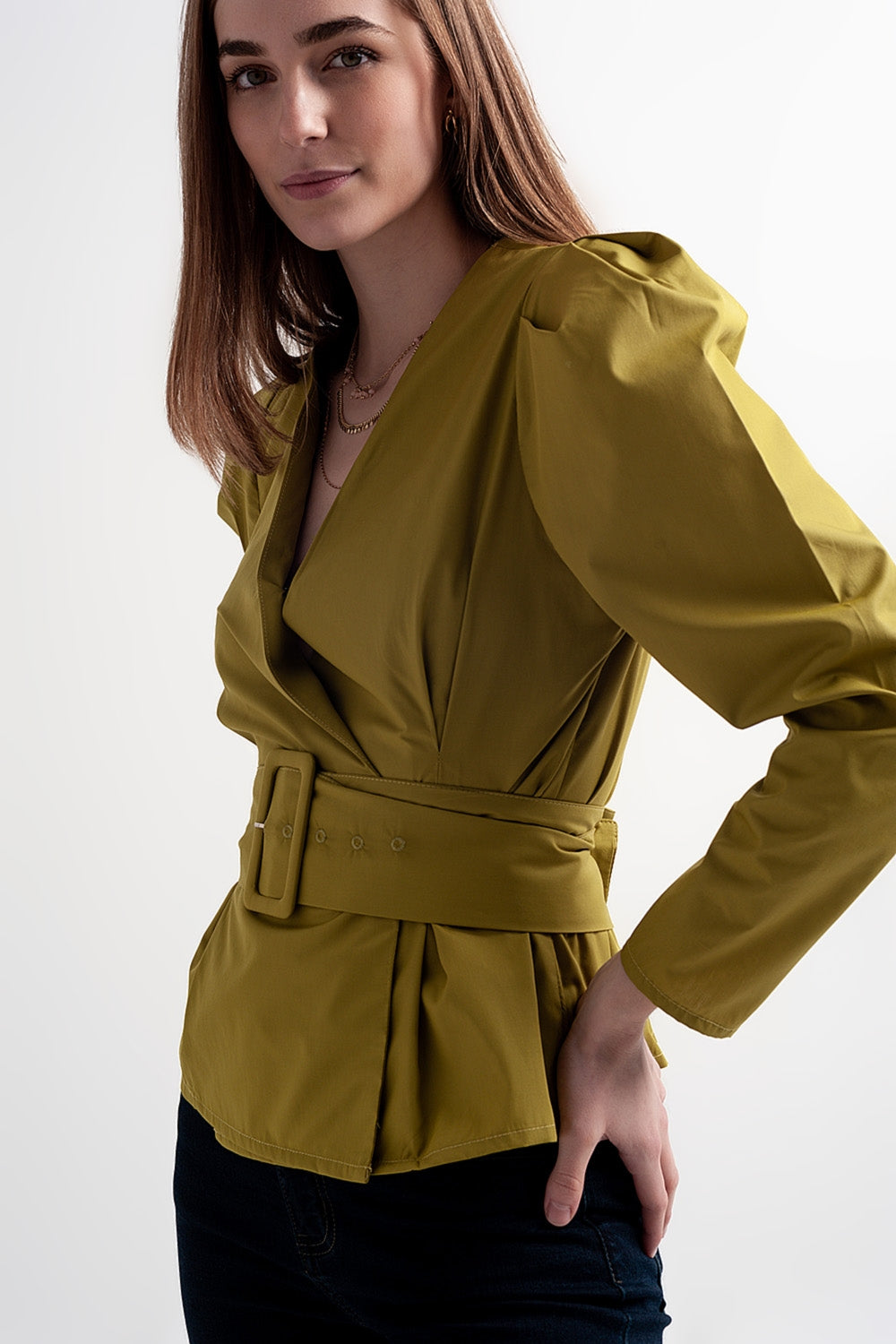Puff sleeve wrap front top with belt detail in green - Shirts