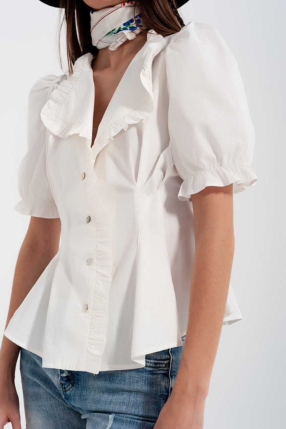 Poplin frill detail wrap blouse in cream - Shirts