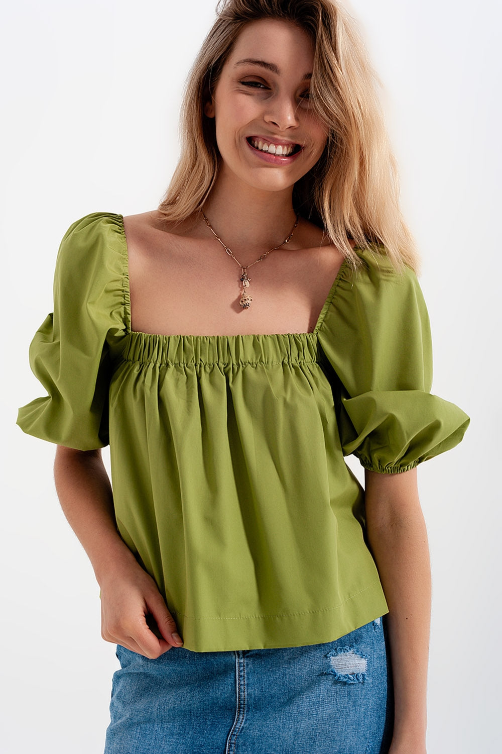 Poplin balloon sleeve top in green - Shirts
