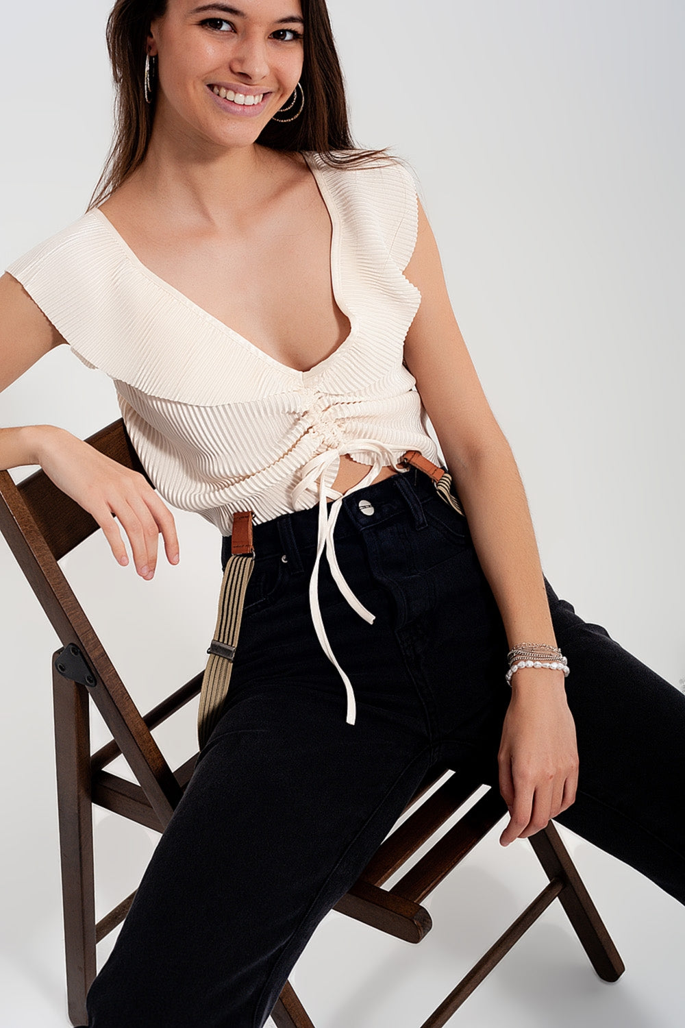 Tie front shirred detail volume sleeve crop top in cream - Shirts, top