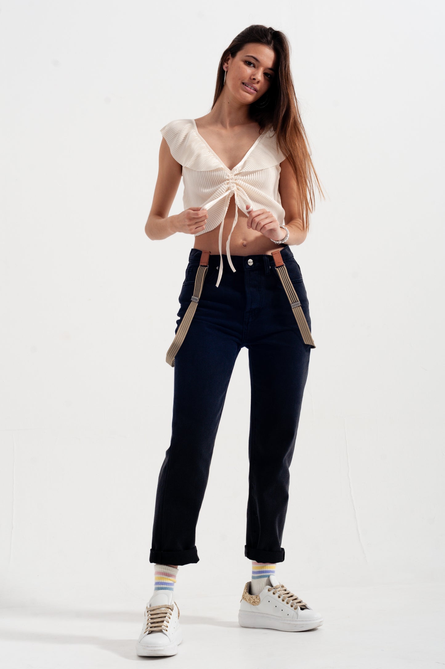 Tie front shirred detail volume sleeve crop top in cream - Shirts, top