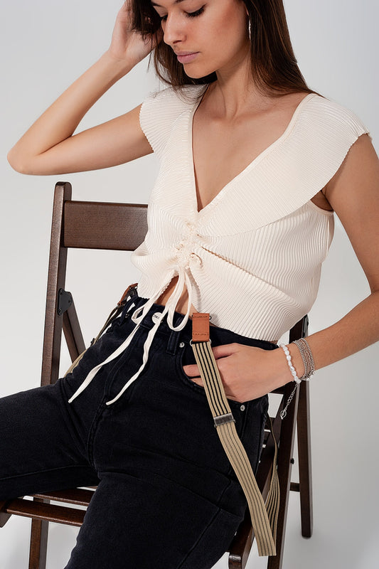 Tie front shirred detail volume sleeve crop top in cream - Shirts, top