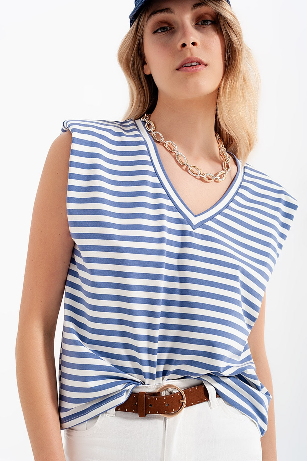 T-shirt sans manches avec épaulettes à rayures bleues