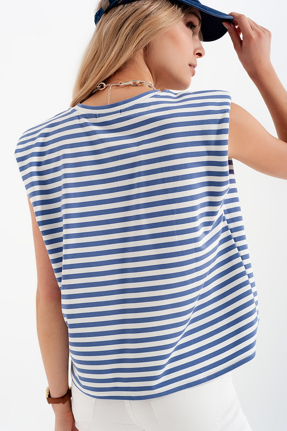 T-shirt sans manches avec épaulettes à rayures bleues