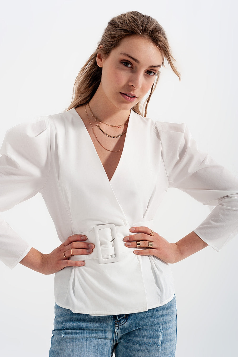 Puff sleeve wrap front top with belt detail in white - Shirts