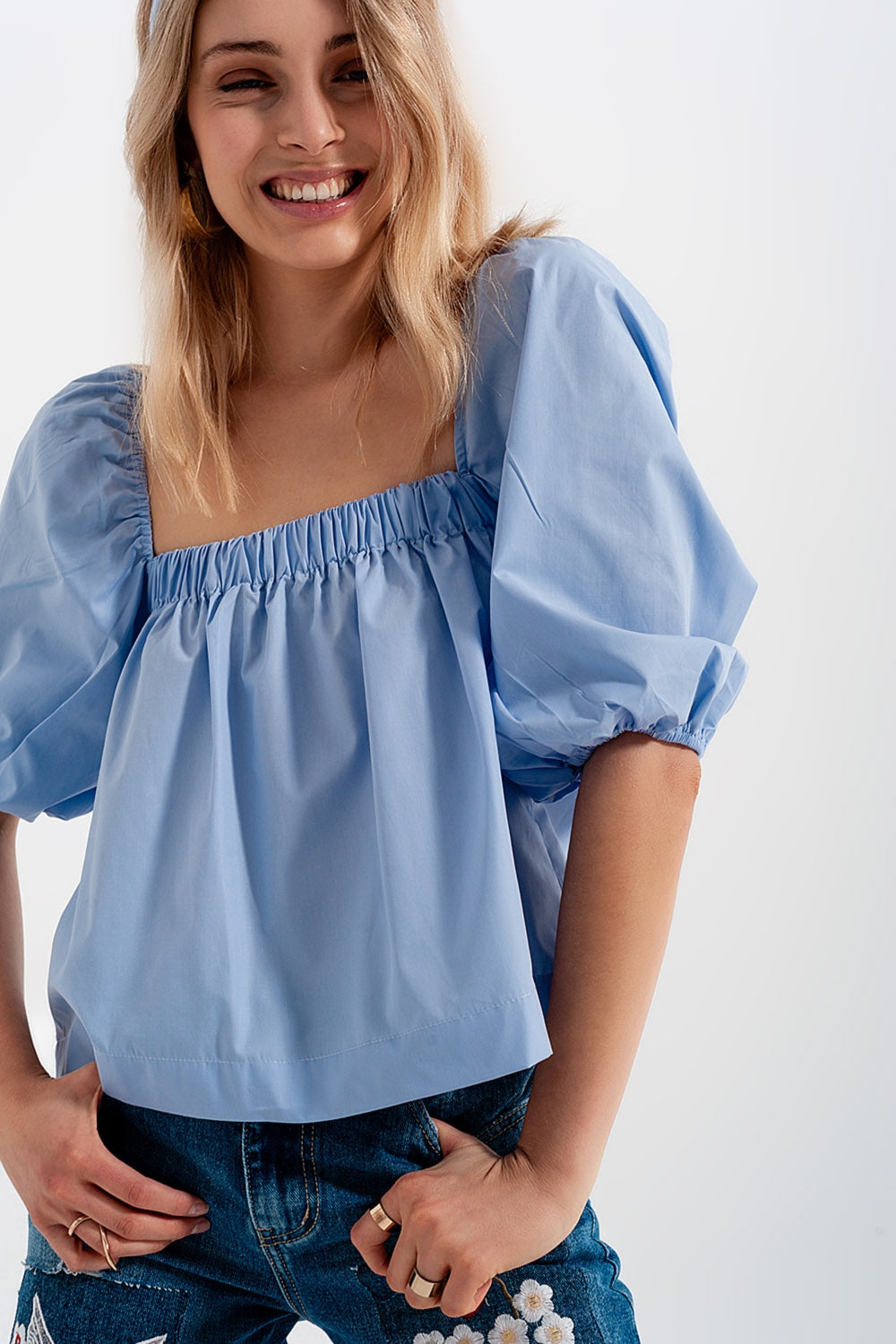 Poplin balloon sleeve top in blue - Shirts