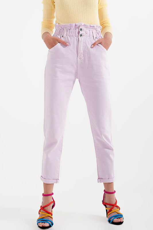 Elasticated paper bag waist mom jean in lilac - Coloured Jeans