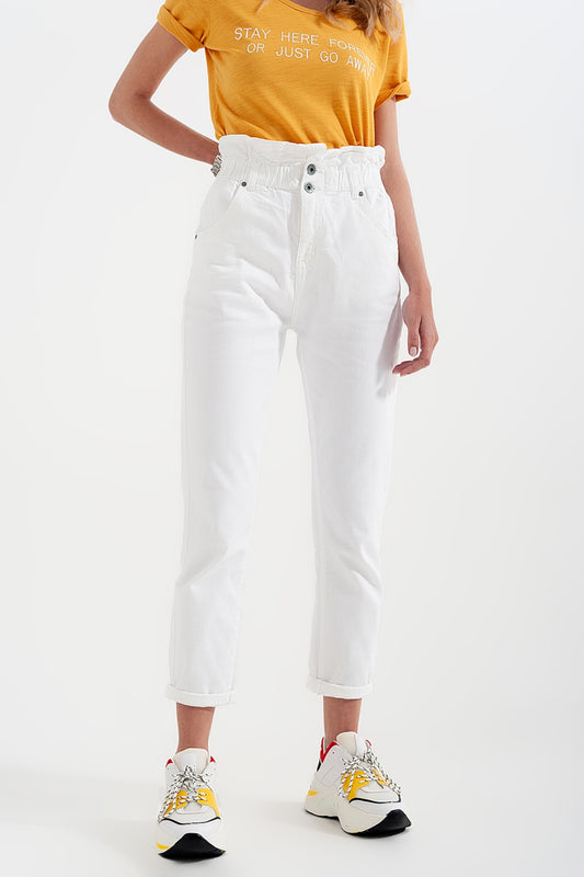 Elasticated paper bag waist mom jean in white - Coloured Jeans